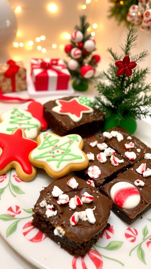 A festive assortment of Christmas cookies and brownies on a platter, decorated for the holidays.
